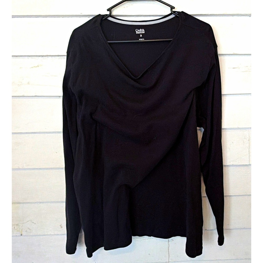 Croft & Barrow Women's Plus 2X Top Black Solid V-Neck Long Sleeve Knit Cotton